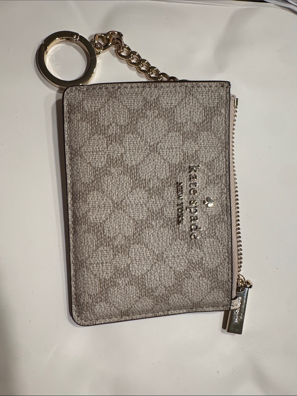 kate spade dark beige logo zip card case wallet with gold key ring